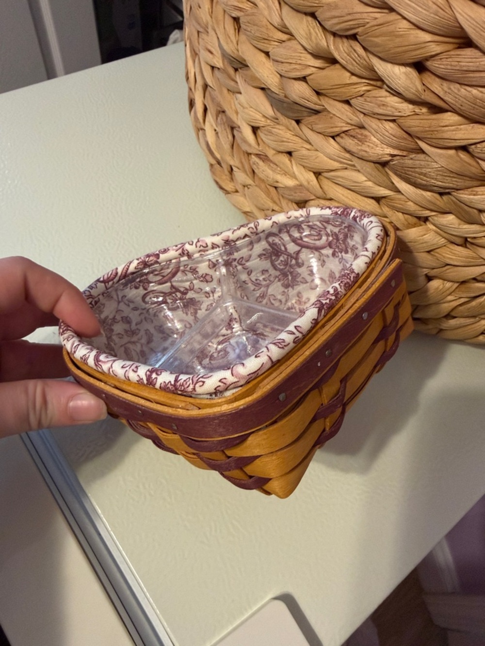 Longaberger Small Woven heart Basket with Burgundy Trim and Cream Liner